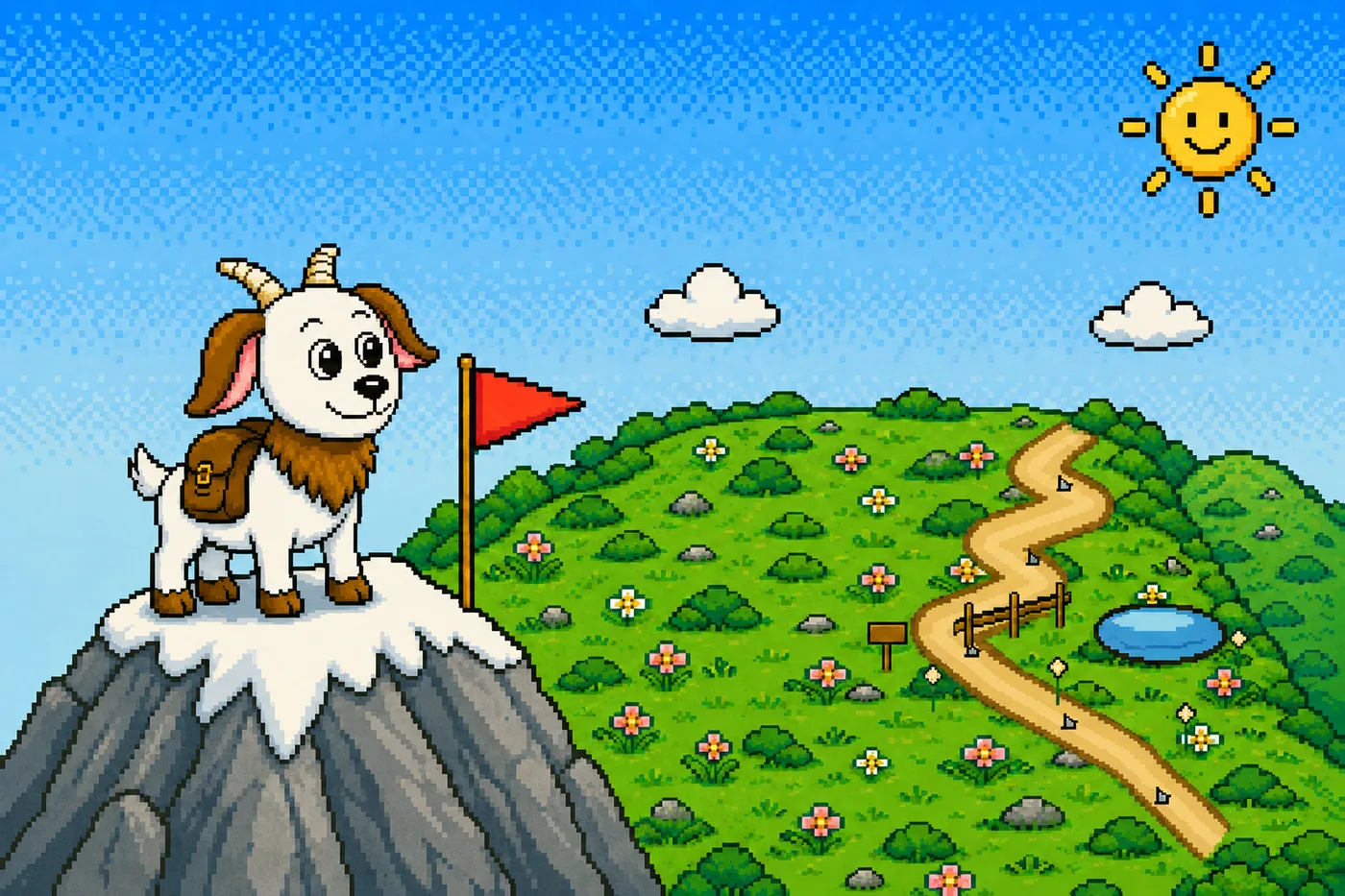 Gritty stands on the mountaintop beside the flag, looking out over the whole meadow far below.