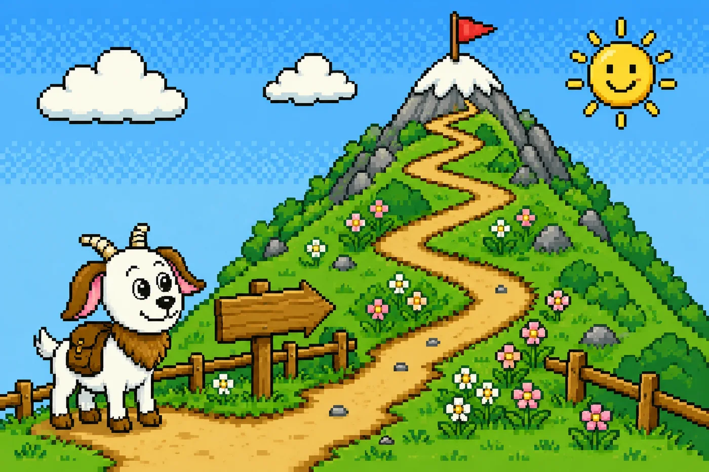 Gritty the Goat, backpack on, standing at a trail sign where a winding path climbs to a flag on the mountaintop.