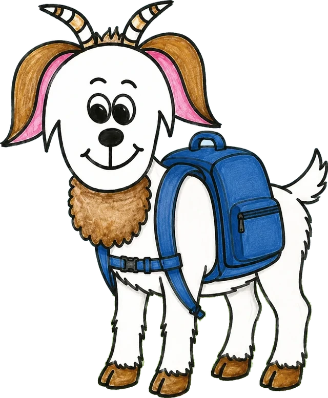 Gritty the Goat wearing his backpack, from Kim Rekowski’s drawing